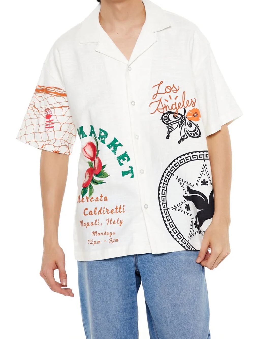 Forever 21 White Short-Sleeve Camp Collar Shirt with Multicolor Market Prints